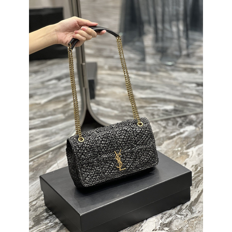 Saint Laurent Jamie Flat Shoulder Bag Crochet Raffia Black