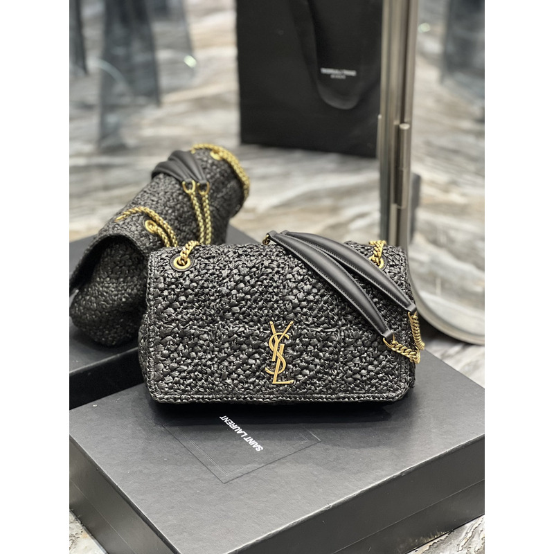 Saint Laurent Jamie Flat Shoulder Bag Crochet Raffia Black