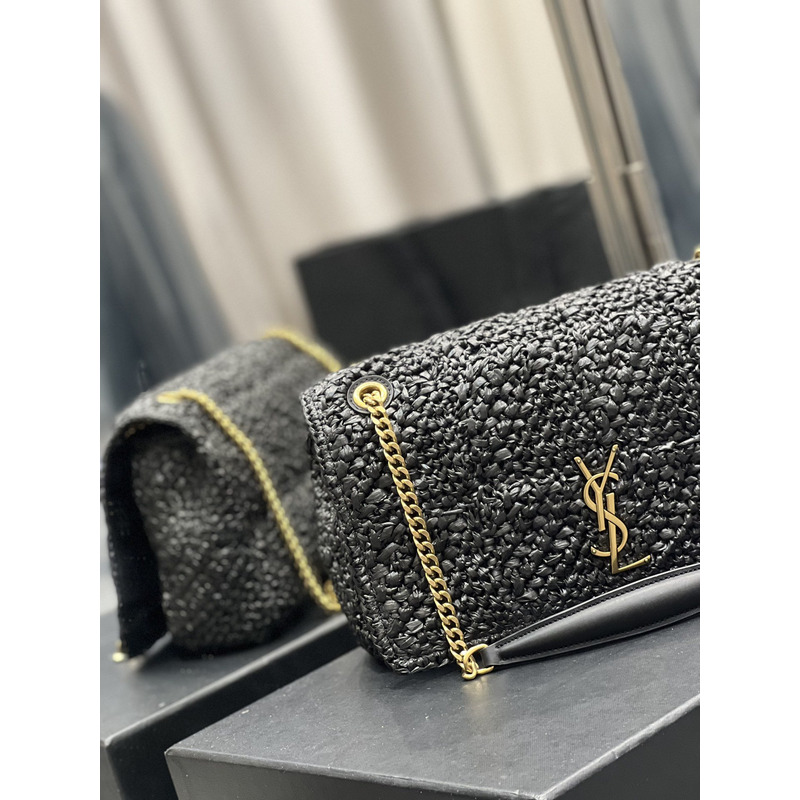 Saint Laurent Jamie Flat Shoulder Bag Crochet Raffia Black