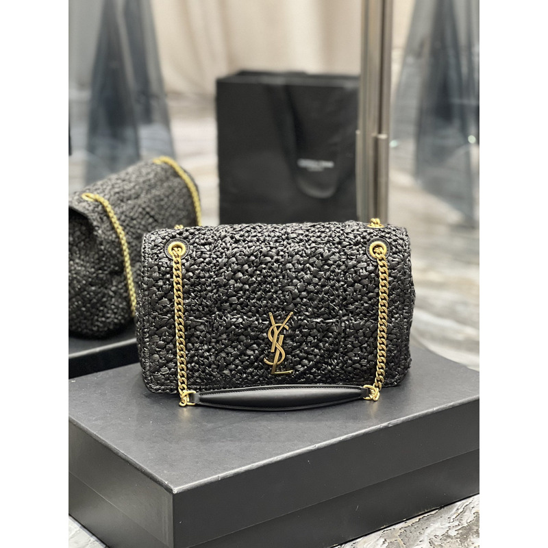 Saint Laurent Jamie Flat Shoulder Bag Crochet Raffia Black