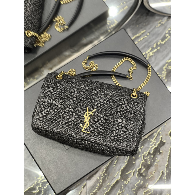 Saint Laurent Jamie Flat Shoulder Bag Crochet Raffia Black