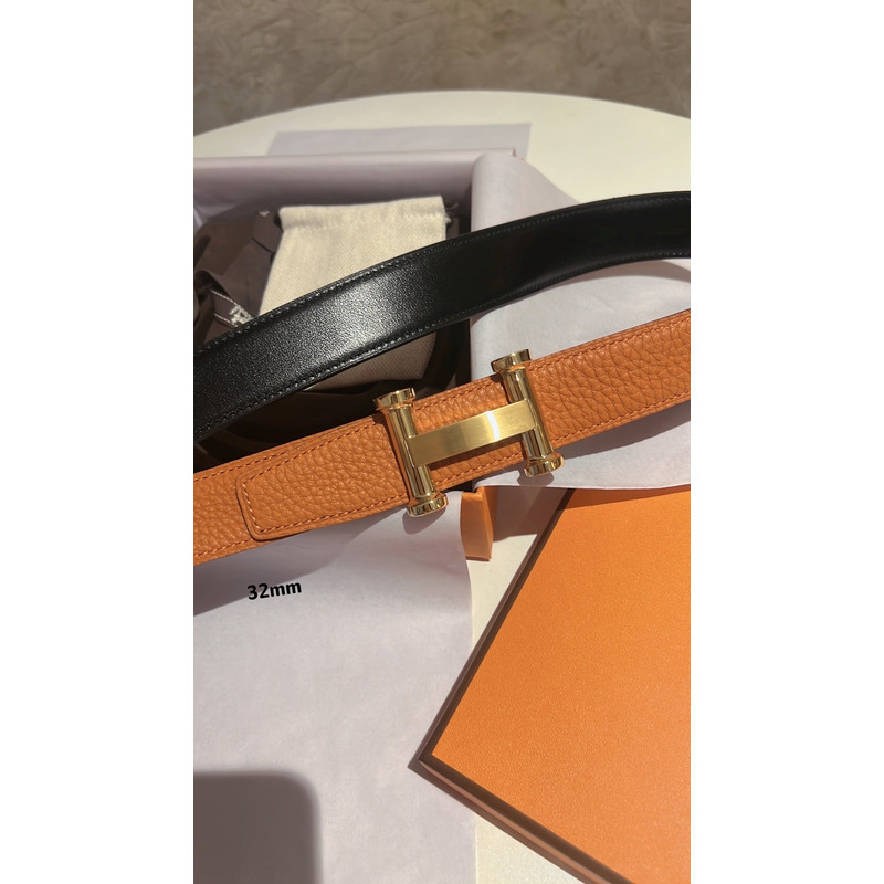 H**mes golden logo leather belt brown