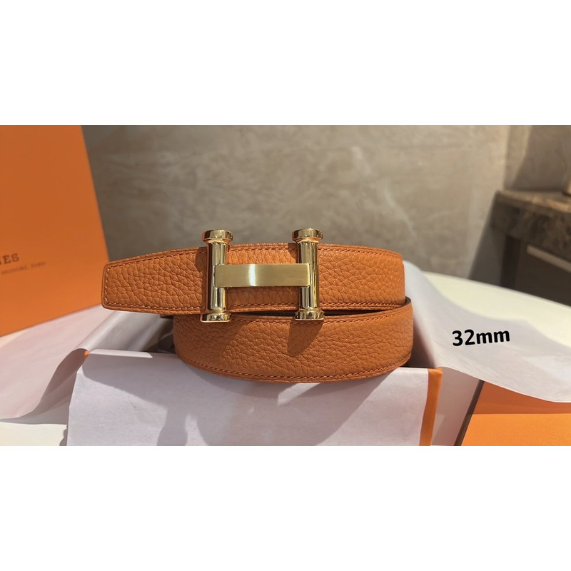 H**mes golden logo leather belt brown