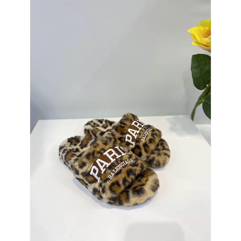 Ba*len*cia*ga logo-embroidered leopard print faux fur slides