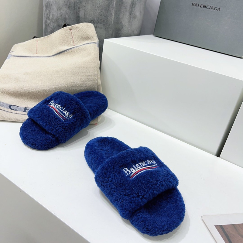 Ba*len*cia*ga logo-embroidered faux shearling slides blue