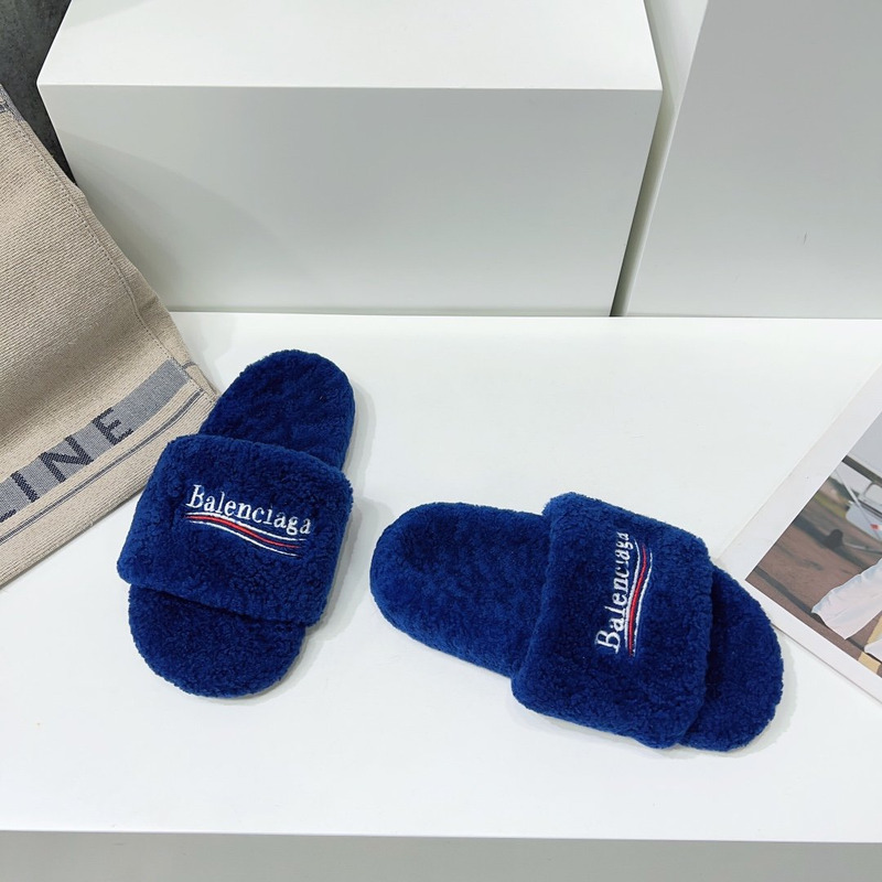 Ba*len*cia*ga logo-embroidered faux shearling slides blue