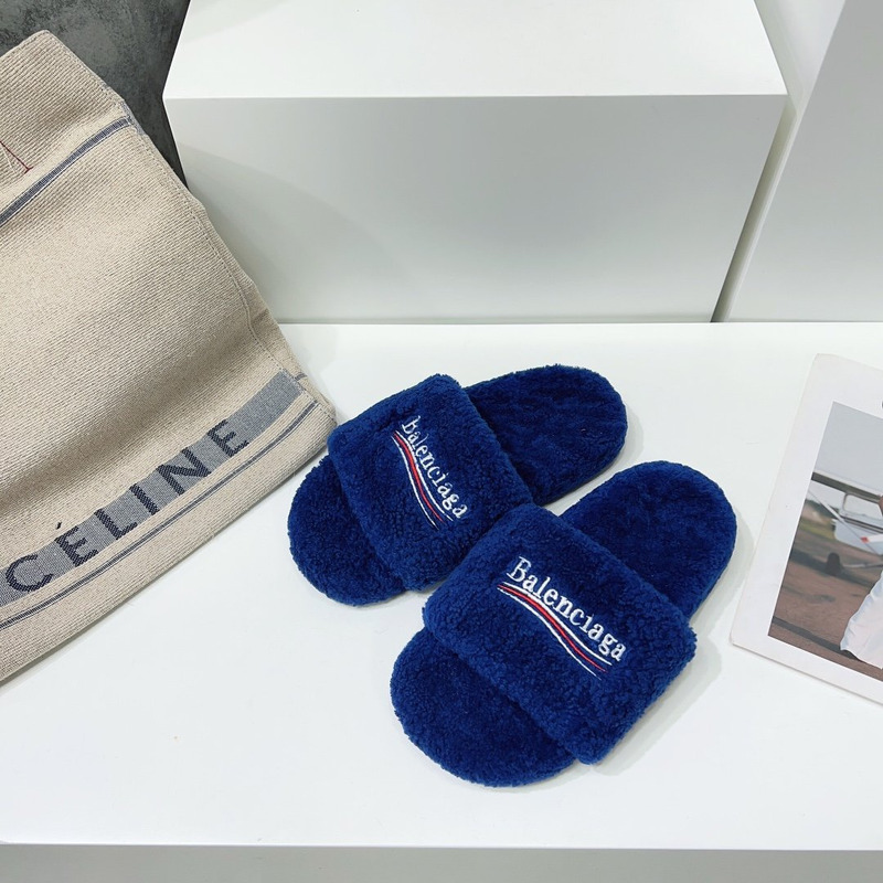 Ba*len*cia*ga logo-embroidered faux shearling slides blue