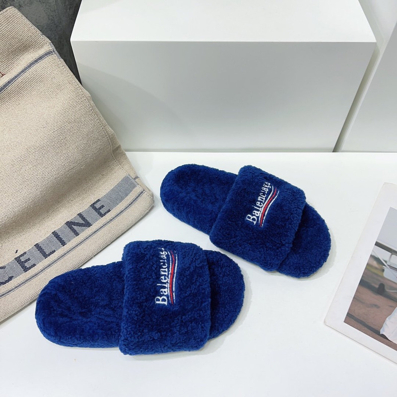 Ba*len*cia*ga logo-embroidered faux shearling slides blue