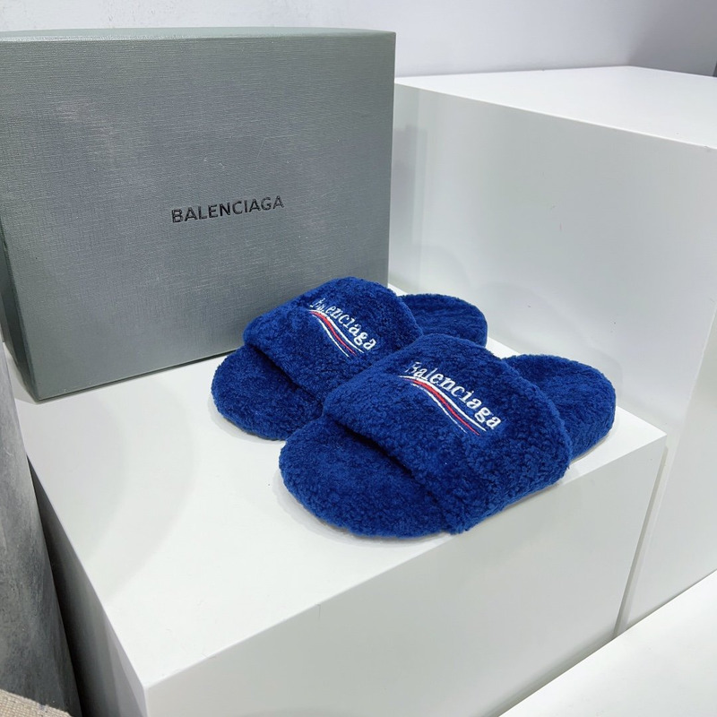 Ba*len*cia*ga logo-embroidered faux shearling slides blue