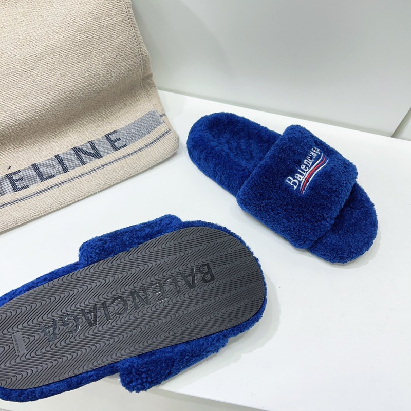 Ba*len*cia*ga logo-embroidered faux shearling slides blue