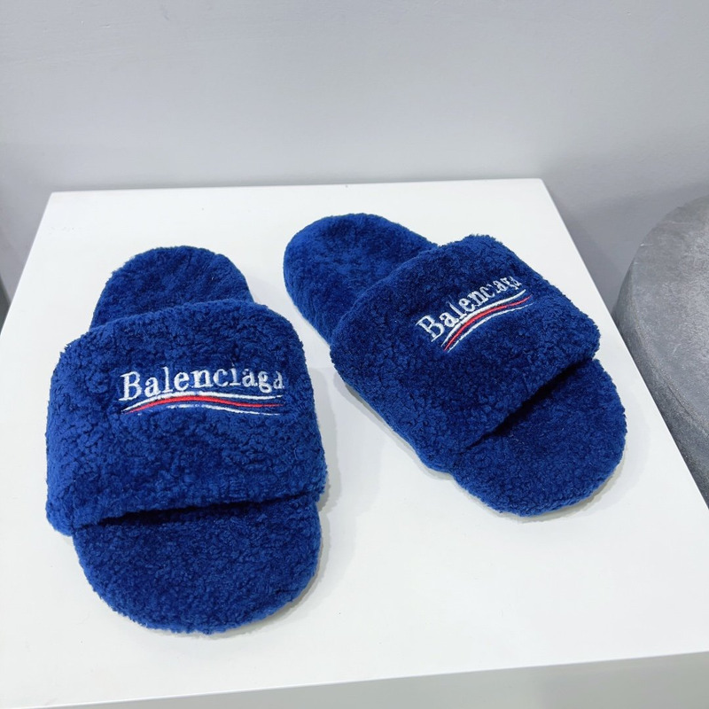 Ba*len*cia*ga logo-embroidered faux shearling slides blue