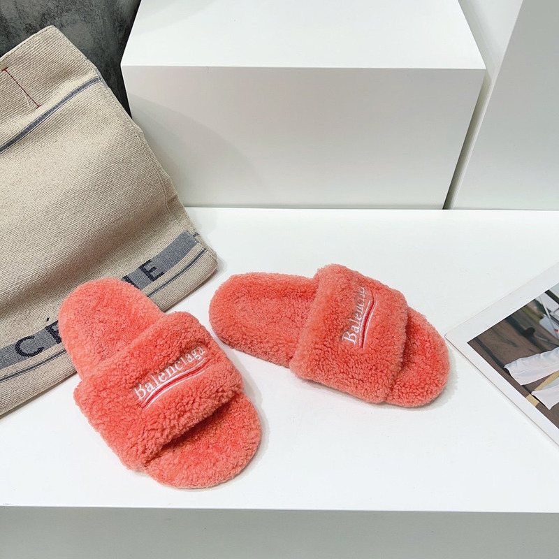 Ba*len*cia*ga logo-embroidered faux shearling slides coral