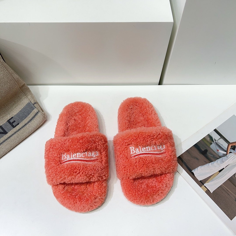 Ba*len*cia*ga logo-embroidered faux shearling slides coral