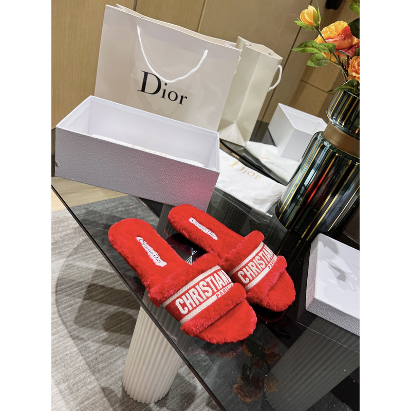 D*or chez moi slides embroidered cotton and shearling red