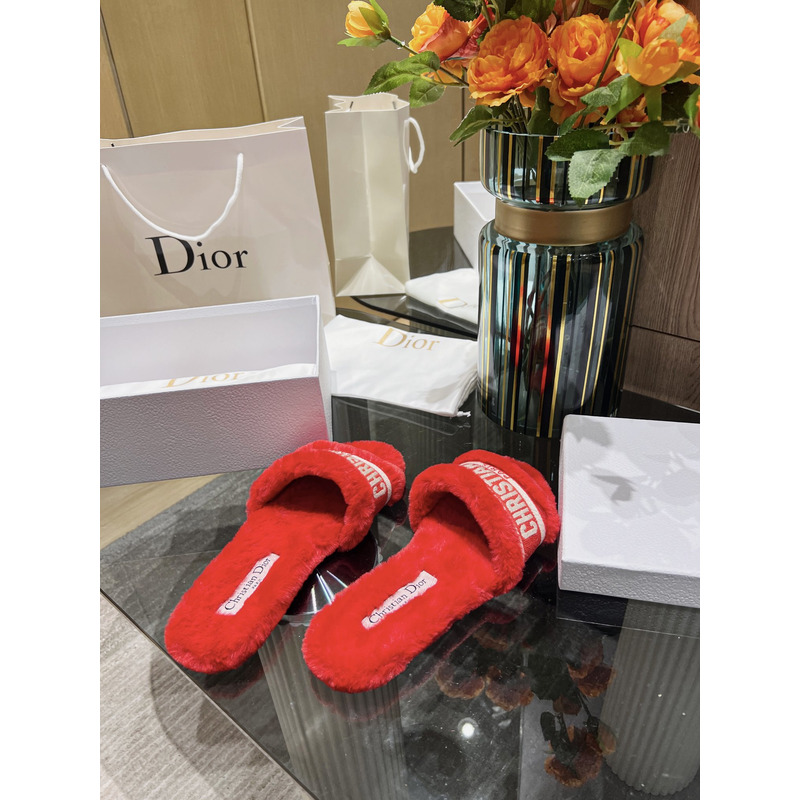 D*or chez moi slides embroidered cotton and shearling red