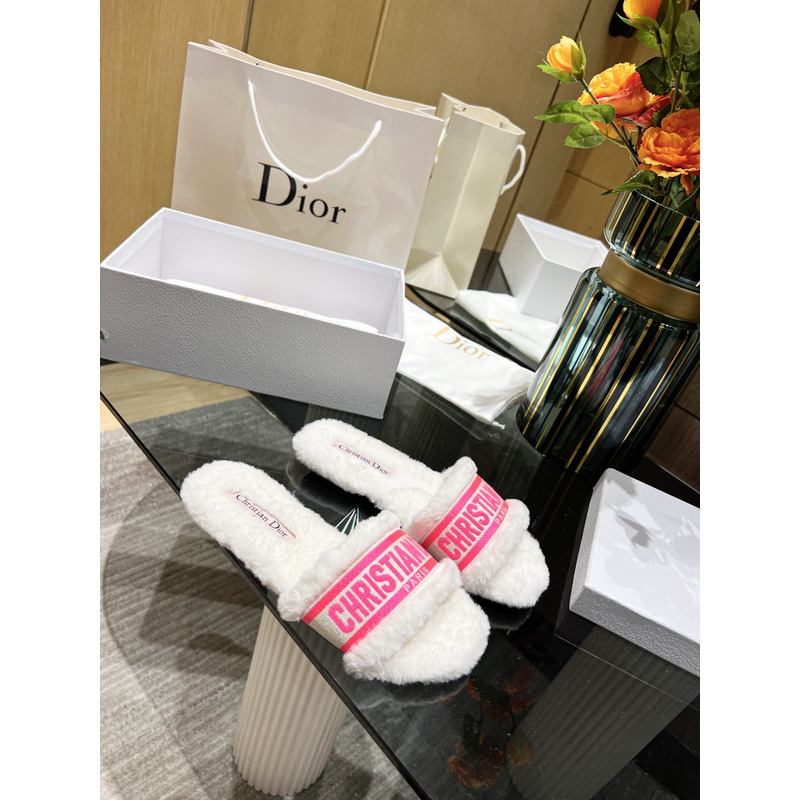 D*or chez moi slides embroidered cotton and shearling bright pink