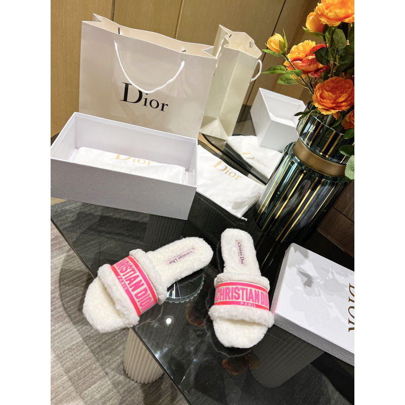 D*or chez moi slides embroidered cotton and shearling bright pink