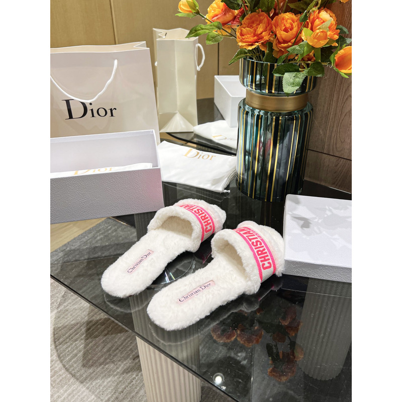 D*or chez moi slides embroidered cotton and shearling bright pink