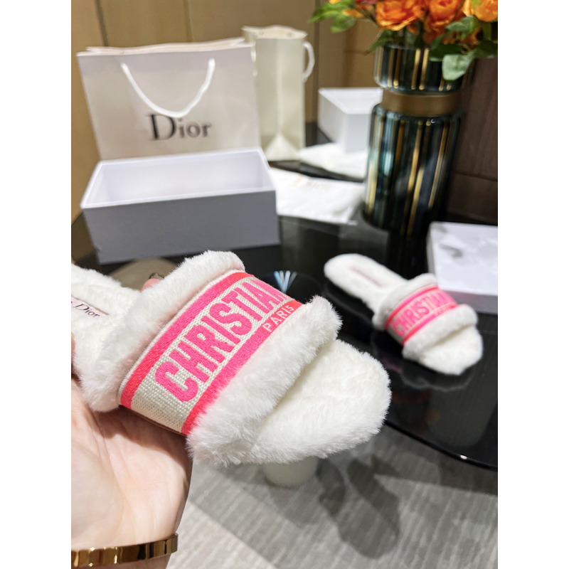 D*or chez moi slides embroidered cotton and shearling bright pink