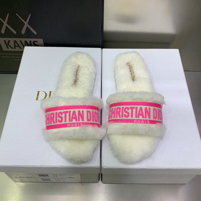 D*or chez moi slides embroidered cotton and shearling bright pink