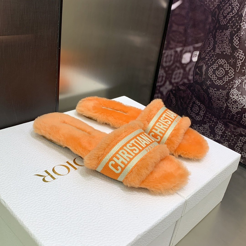 D*or chez moi slides embroidered cotton and shearling bright orange