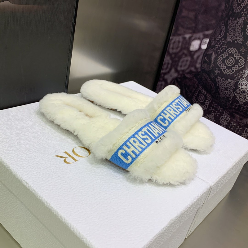 D*or chez moi slides embroidered cotton and shearling white&blue