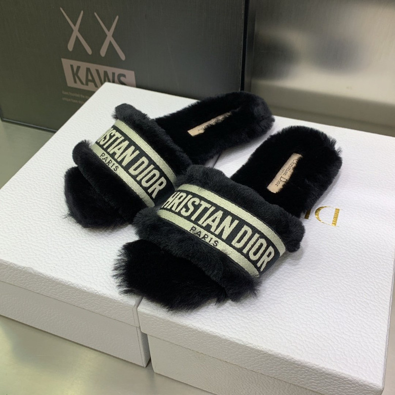 D*or chez moi slides embroidered cotton and shearling black