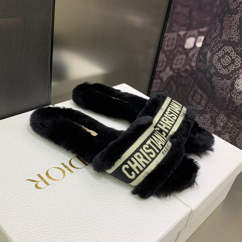 D*or chez moi slides embroidered cotton and shearling black