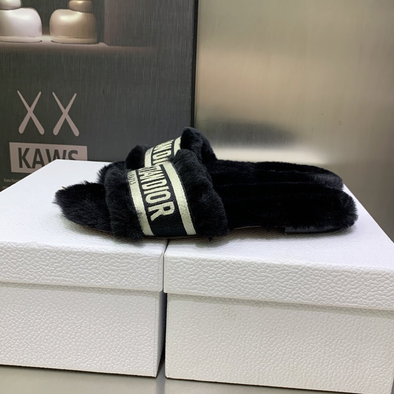 D*or chez moi slides embroidered cotton and shearling black