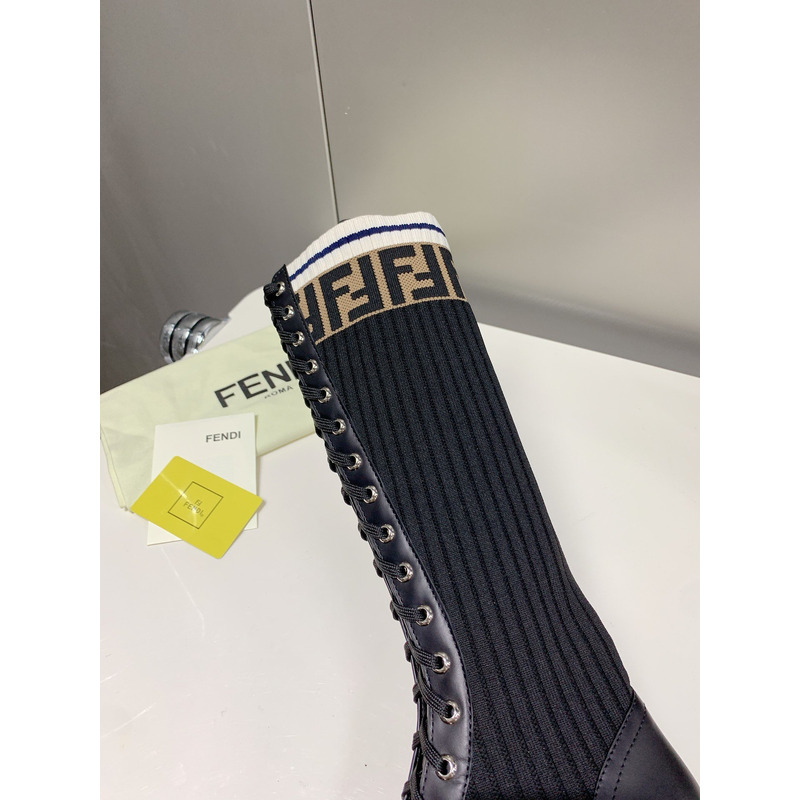 F**di logo jacquard stretch knit and leather knee boots black