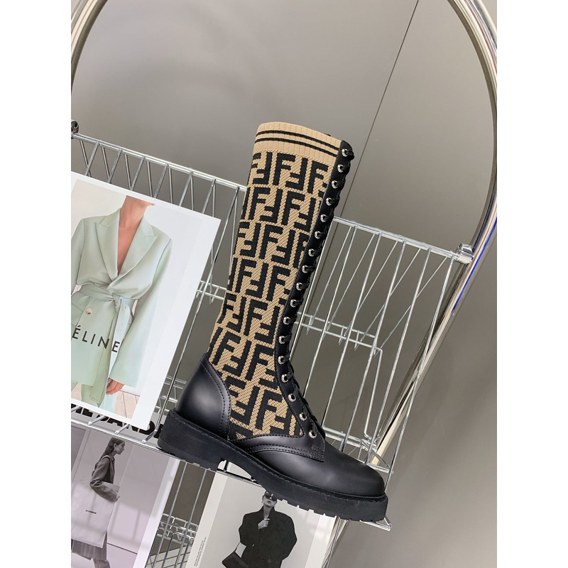 F**di logo jacquard stretch knit and leather over knee boots