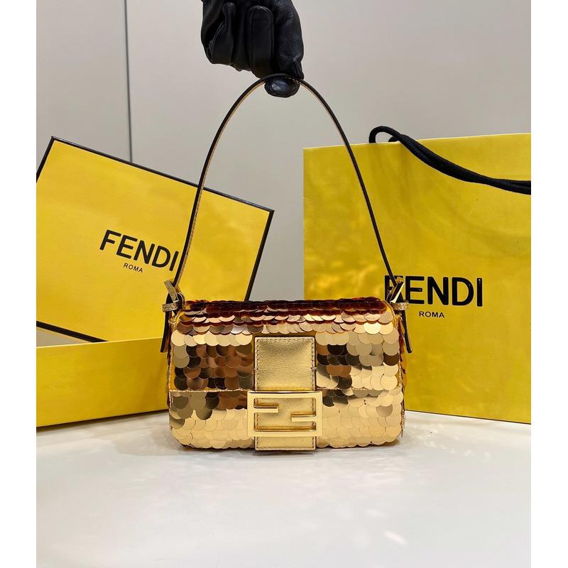 F**di mini baguette 1997 leather and sequinned bag gold