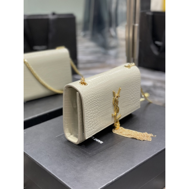 Saint Laurent Kate Crocodile-Embossed Shoulder Bag Small White