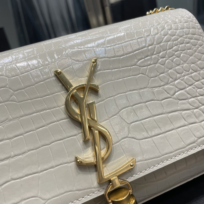 Saint Laurent Kate Crocodile-Embossed Shoulder Bag Small White