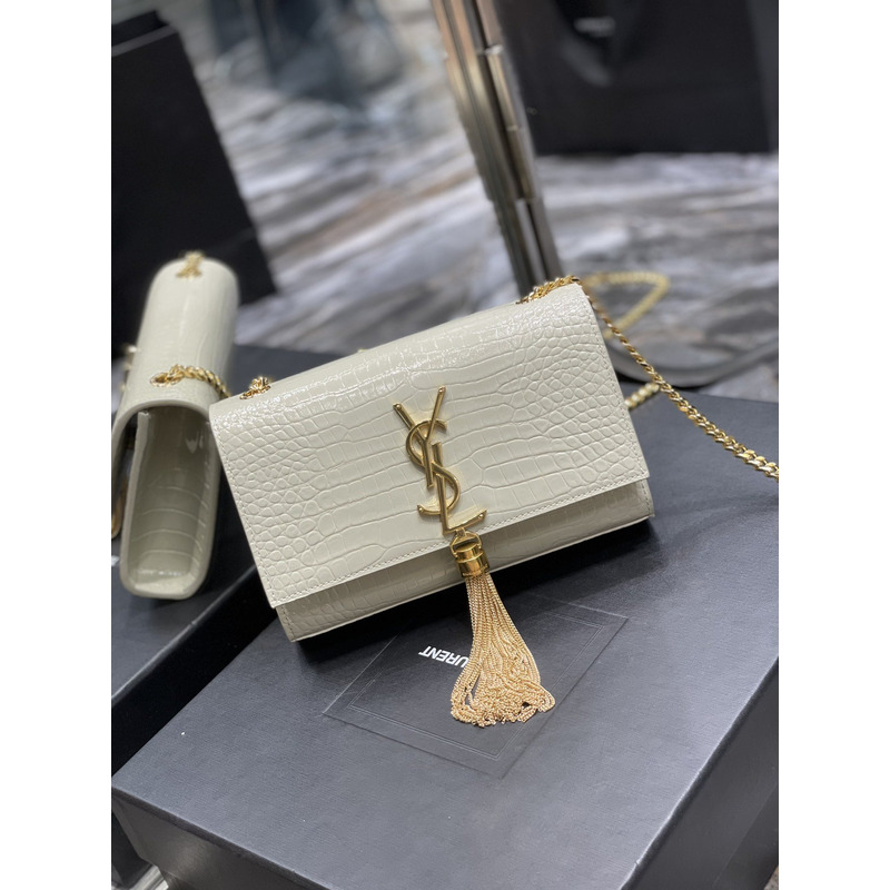 Saint Laurent Kate Crocodile-Embossed Shoulder Bag Small White