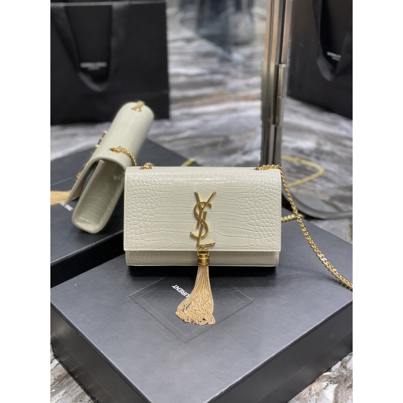 Saint Laurent Kate Crocodile-Embossed Shoulder Bag Small White