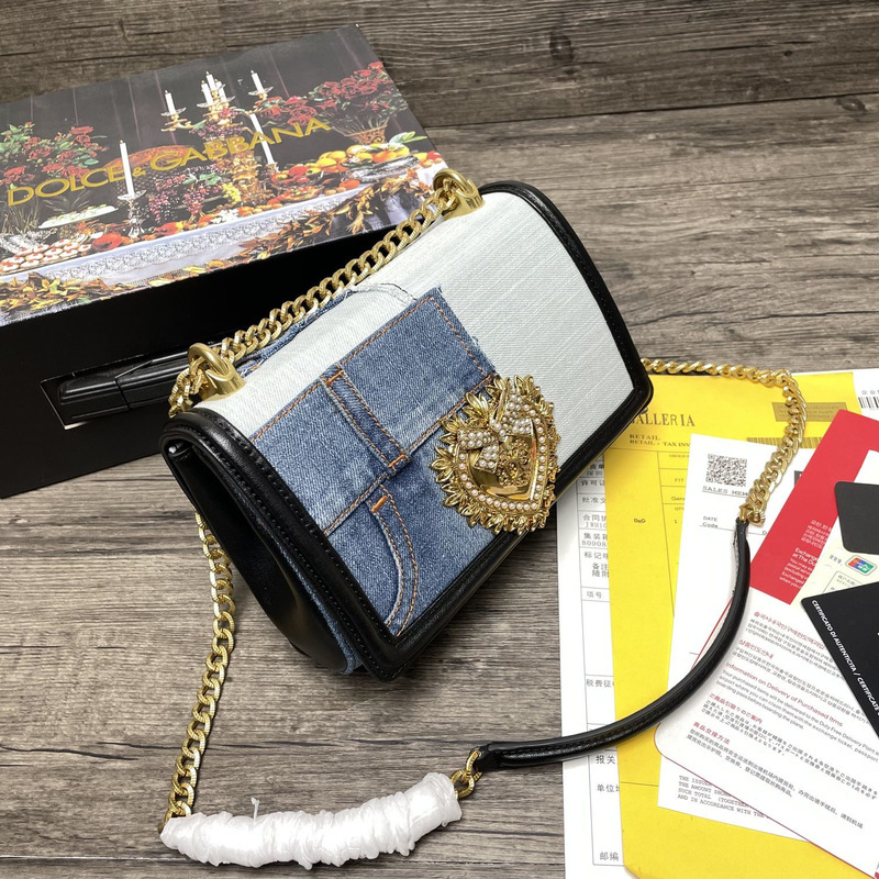 Dolce & Gabbana Medium Devotion Patchwork Denim and Plain Calfskin Shouler Bag