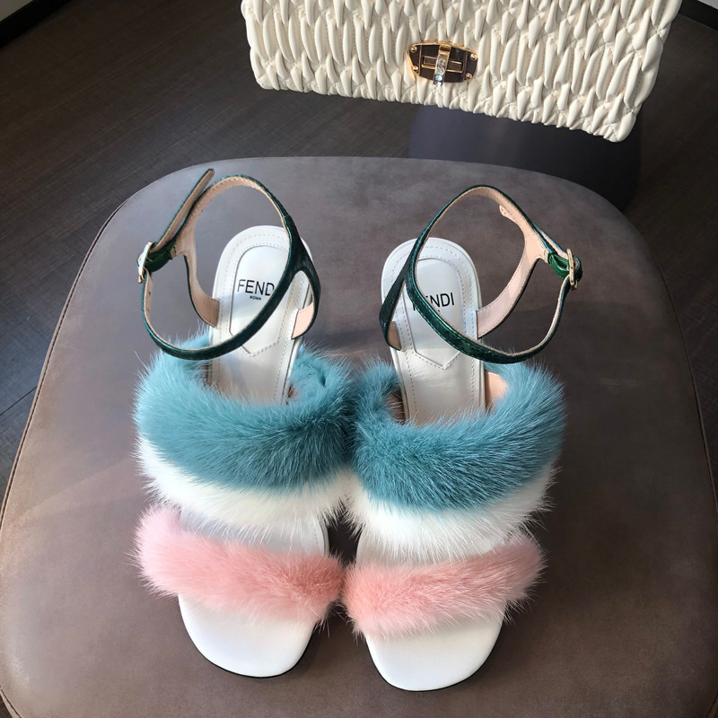 F**di first mink heels in blue and pink