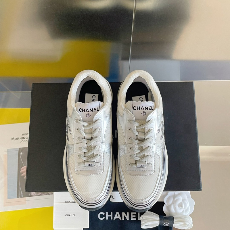 Ch*el fabric & laminated sneaker white and silver