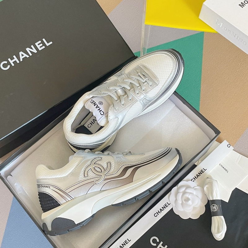 Ch*el fabric & laminated sneaker white and silver