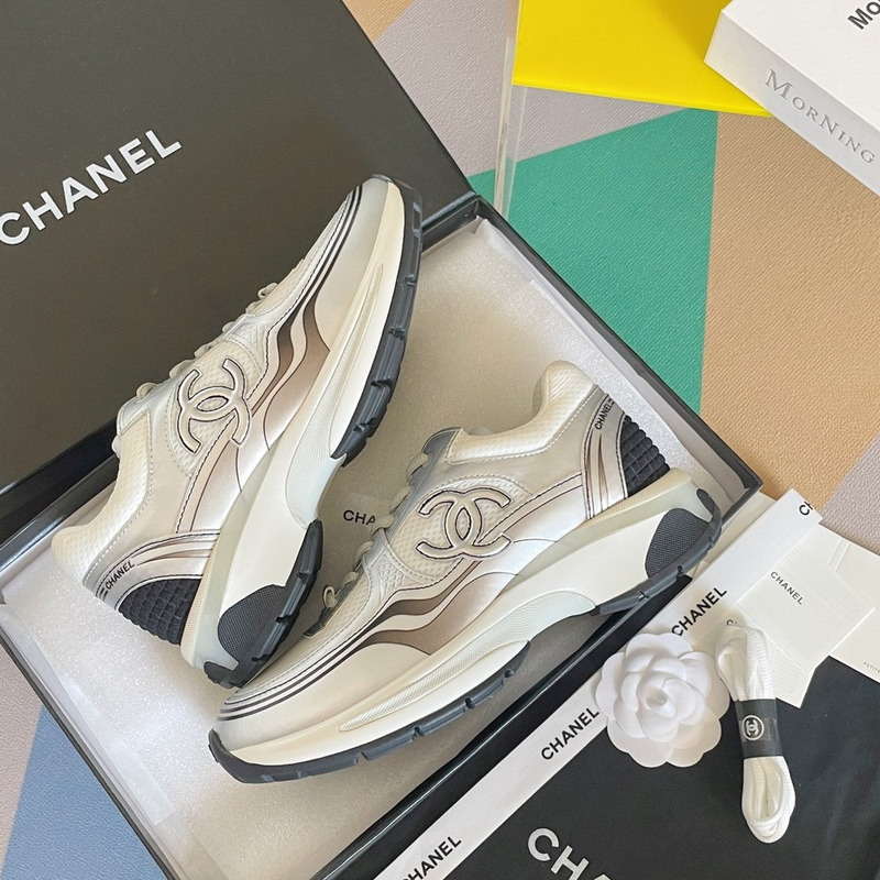 Ch*el fabric & laminated sneaker white and silver