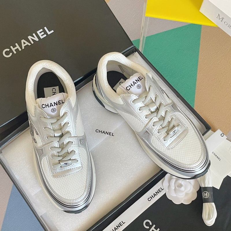 Ch*el fabric & laminated sneaker white and silver