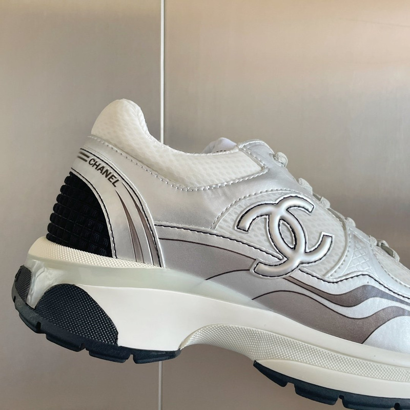 Ch*el fabric & laminated sneaker white and silver