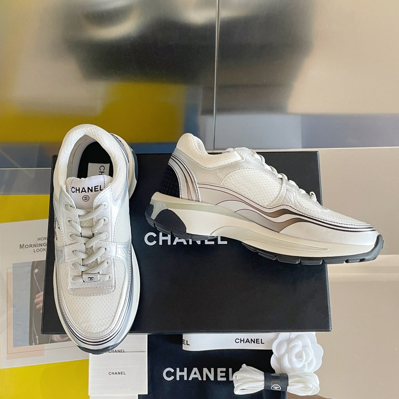 Ch*el fabric & laminated sneaker white and silver