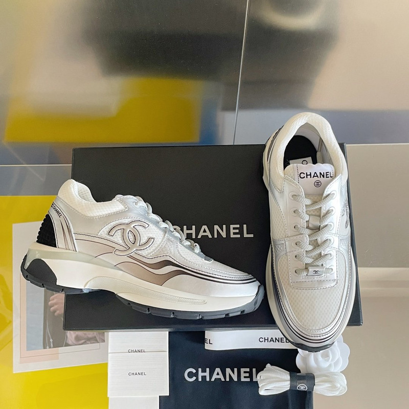 Ch*el fabric & laminated sneaker white and silver