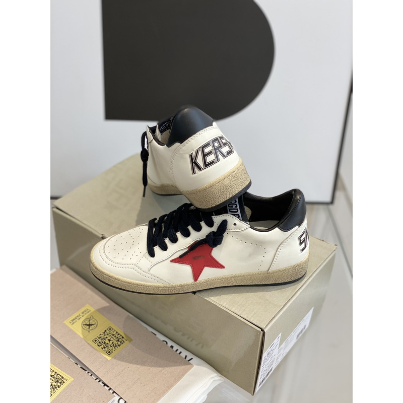 Gold Goose White Ball Star Sneakers Leather With Red Star  Black Shoelaces