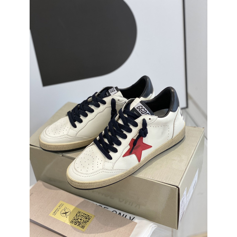 Gold Goose White Ball Star Sneakers Leather With Red Star  Black Shoelaces