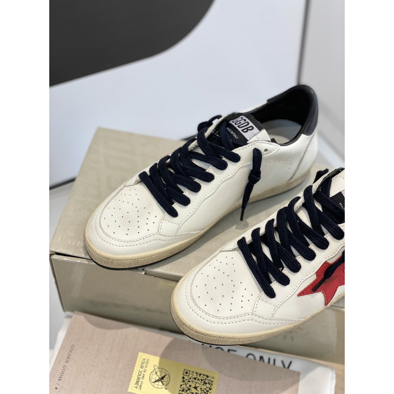 Gold Goose White Ball Star Sneakers Leather With Red Star  Black Shoelaces