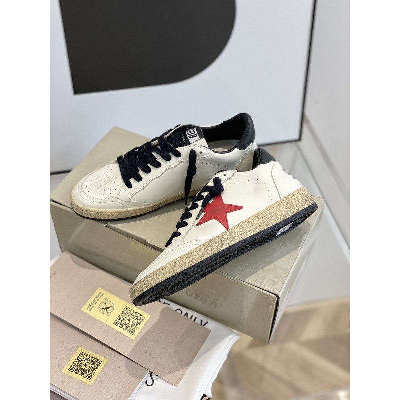 Gold Goose White Ball Star Sneakers Leather With Red Star  Black Shoelaces