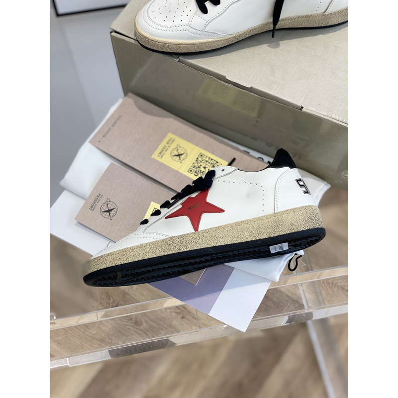 Gold Goose White Ball Star Sneakers Leather With Red Star  Black Shoelaces